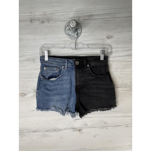 Almost Famous Shorts Womens 1 Blue Black Two Tone Denim Cutoff Raw Hem Stretch - Picture 1 of 10